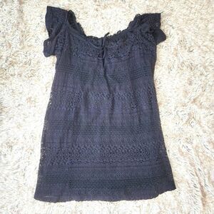 Topshop Navy Blue Short Sleeve Keyhole Crochet Knit Mini Dress Women's Size 0
